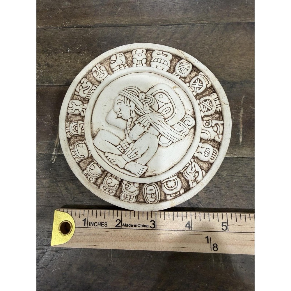 Vintage Mayan Aztec Calendar Stone Wall Plaque Carved Relief Decor 4.25 Inch